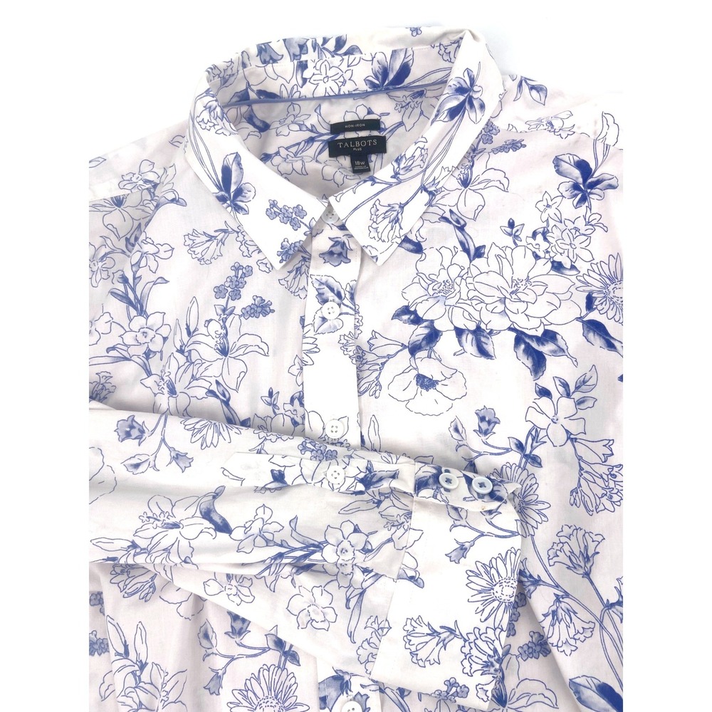 Talbots Plus Size 18W Non Iron Blue Floral Print Button Down Shirt Women
